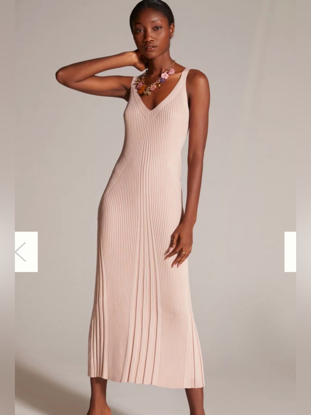 NWT En Saison Anthropologie V Neck Ribbed Pleated Midi Dress, Blush Pink, Medium